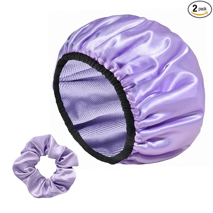 Three-Layer Terry Cloth Lined Satin Shower Cap, with Silk Hair Ties, Microfiber Waterproof Reusable Large Size Shower Cap for Women Long Thick Hair (Purple)