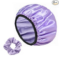 Three-Layer Terry Cloth Lined Satin Shower Cap, with Silk Hair Ties, Microfiber Waterproof Reusable Large Size Shower Cap for Women Long Thick Hair (Purple)