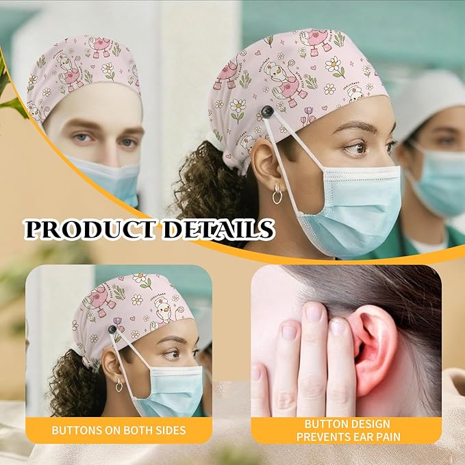 Adjustable Scrub Cap with Buttons & Sweatband, Working Hat with Elastic Tie Back, Unisex Nurse Surgical Caps for Women & Men