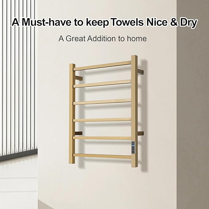 Electric Heated Towel Warmer - Wall Mounted Bathroom Towel Rack, Plug-in Design & Gold Brushed Stainless Steel 6 Bar Gold with Timer & Temperature Control