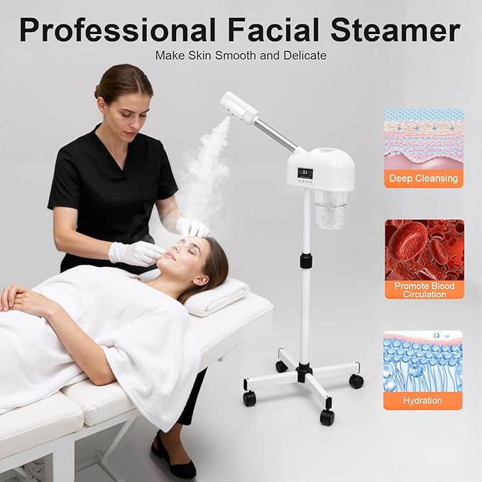 Standing Facial Steamer, Movable Pedicure Steamer Machine with Water Tank and LCD Operation Panel, Portable Face Steamer for Home, Beauty Stores (White)