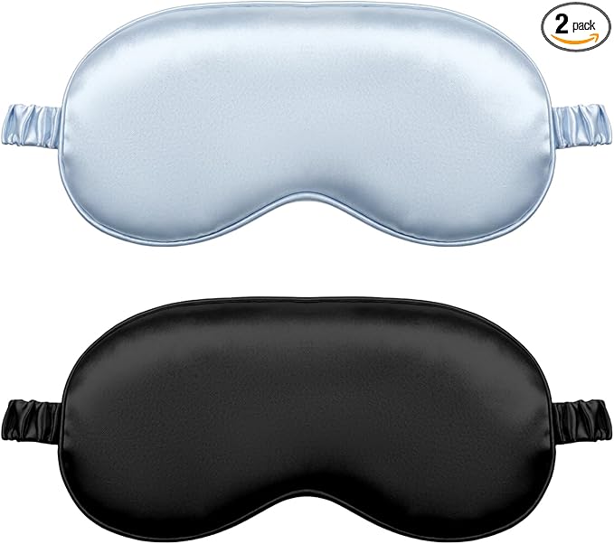 2Pcs Silk Sleeping Mask, Soft Breathable Blackout Eyeshade Comfortable Adjustable Satin Eye Shade for Women Sleep Travel Nap Bridesmaid Gifts (Blue, Black)