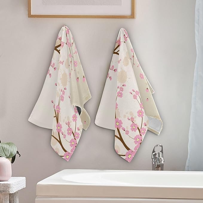 Pink Cherry Blossom Paris Hand Towels for Bathroom Set of 2,Vintage Eiffel Tower Romantic France Plum Floral Decorative Bathroom Towels for Bath,Soft Absorbent Dish Towels for Kitchen 28"x14"