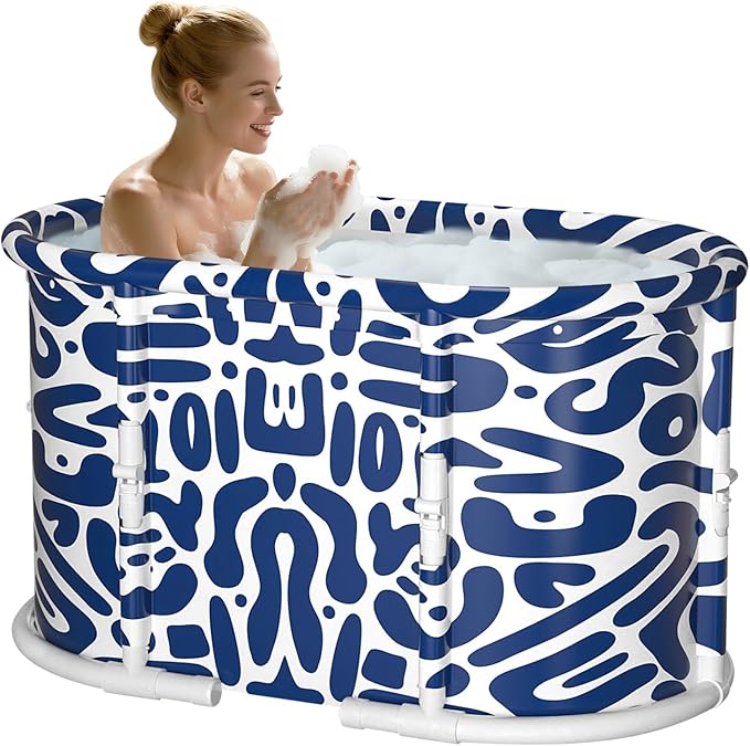 Portable Bathtub, Foldable Bathtub No Installation, Freestanding Shower Bathtubs with Cushion, Collapsible SPA Soaking Bath Tub, Hot & Ice Bath Tub for Indoor Outdoor (Water Pattern Blue)