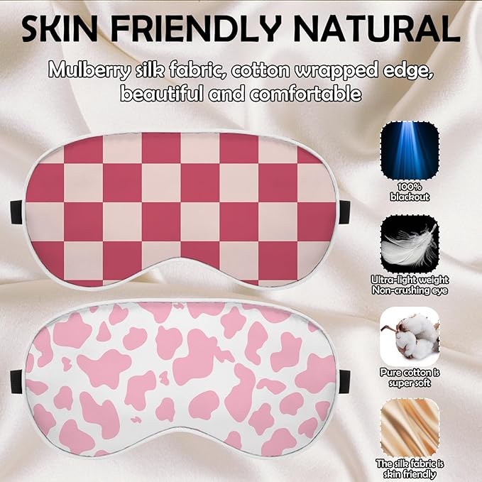 2 PCS Sleep Eye Mask Silk Sleeping Soft with Elastic Strap Eye Sleep Shade Cover for Cute Aesthetic Unisex Women Girls for Airplane Travel Nap-Cow Leopard Pink Check