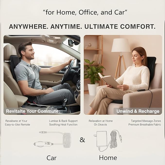 Back Massager with Heat, Vibration Massage Seat Cushion with 8 Massage Nodes & 5 Modes, Adjustable Chair Massager Pad for Home Office, Heated Chair Pad, Valentines Day Gifts for Women Mom Wife
