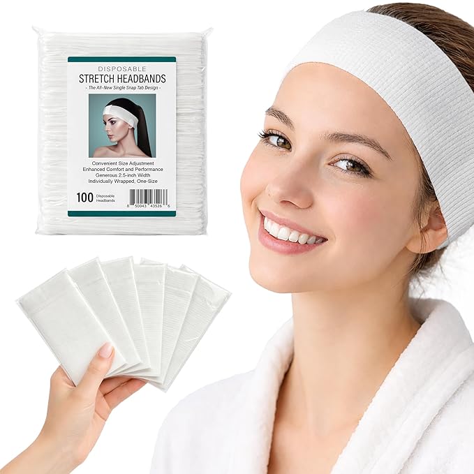 APPEARUS Disposable Stretch Facial Headbands, 100 Count, Snag-Free Adhesive Tab Closure, for Spa, Estheticians, Waxing and Lash Extensions, White