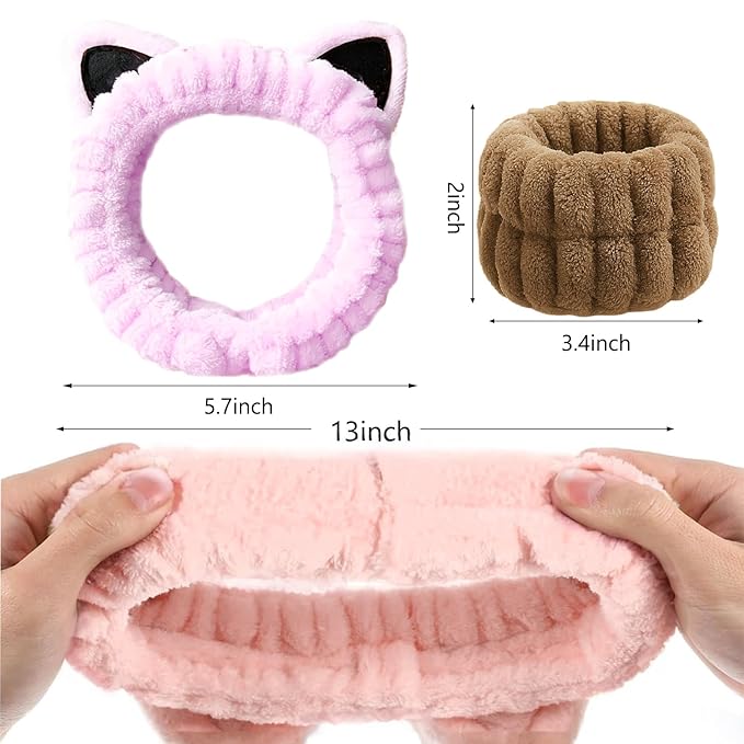 Cat Ears Headband, Cute Spa Headband and Wristband Set Washing Face Skincare Makeup Headbands for Women Girls Trendy Stuff Present Soft Coral Fleece Hair Accessories(Pink Purple+Khaki)