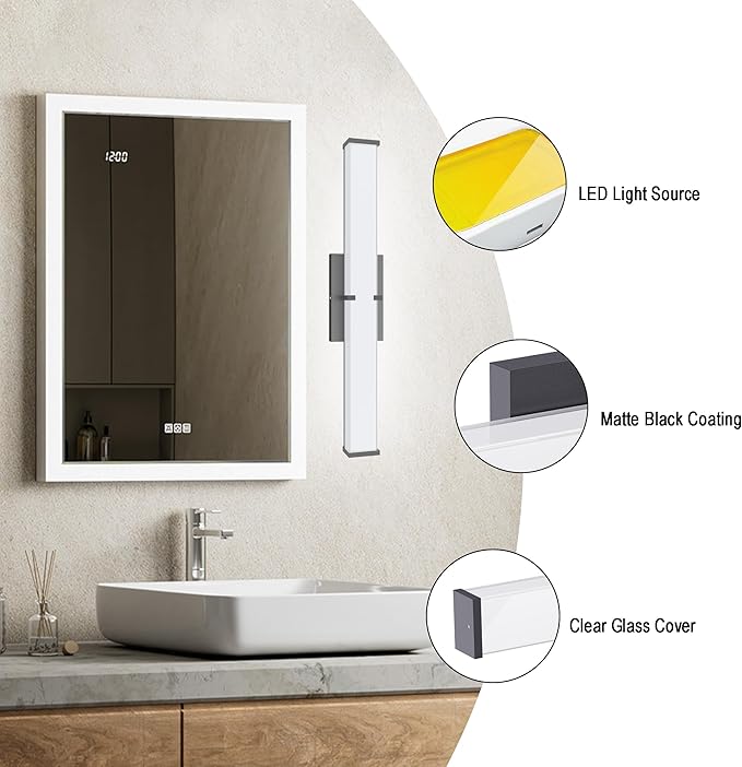 16 Inch LED Bathroom Lighting Fixtures Over Mirror, Modern Black Vanity Lights for Bathroom, Dimmable Vanity Light Bar, 5700K Cool White IP44 Waterproof Wall Light