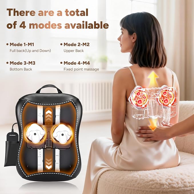 Back Massager with Heat, 4D Rolling Massage Nodes for Upper & Lower Back Pain Relief, 4 Modes & 2 Speeds Deep Tissue, Includes Car Adapter for for Car Office Home & Travel
