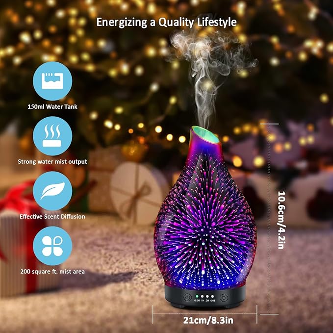 Essential Oil Diffuser 150ML -3D Firework Glass Aromatherapy Diffusers for Essential Oils with 4 Timer Setting Auto Shut-Off Silent Operation 7 Colors Lights Changing for Room, Office, Yoga