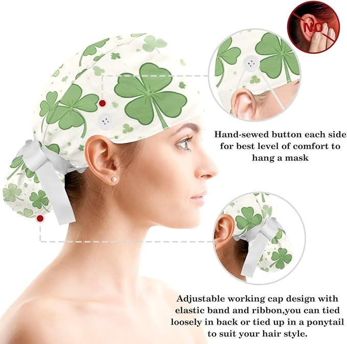Scrub Caps Women Ponytail Cute Pink and White Leaves Caps Bouffant Working Hat Elastic Tie Back Hats with Button
