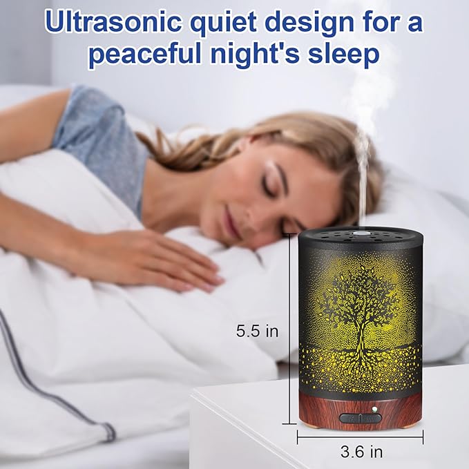Essential Oil Diffuser- Aromatherapy Diffuser with7 Colors Light and Auto-Off for Women Metal Cool Mist Humidifier for Home and Office for Mom Women(Tree)