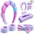 Giesiery SPA Headbands and Wristband Set for Face Washing with Clear Bag Cute Skincare Makeup Headband Wrist Bands Hair Clips for Women Teenage Girls Gifts Trendy Stuff Tie-dye Purple