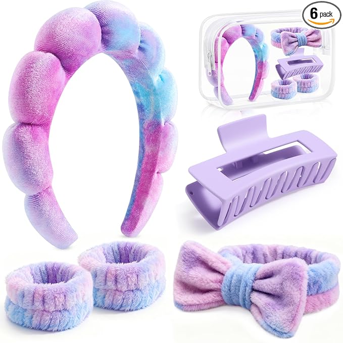 Giesiery SPA Headbands and Wristband Set for Face Washing with Clear Bag Cute Skincare Makeup Headband Wrist Bands Hair Clips for Women Teenage Girls Gifts Trendy Stuff Tie-dye Purple