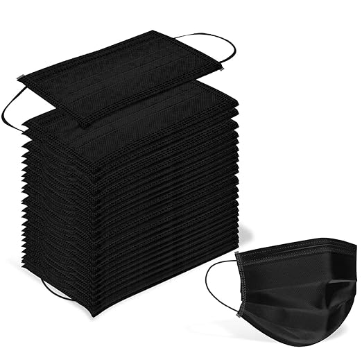Wecolor 100 Disposable Face Masks for Adults, Outdoor, Airport, Farm, Garden, Non-Woven Fabric and Meltblown Fabric, Soft, Comfortable Face Mask, Anti-Fog, Wide Earbands - Black