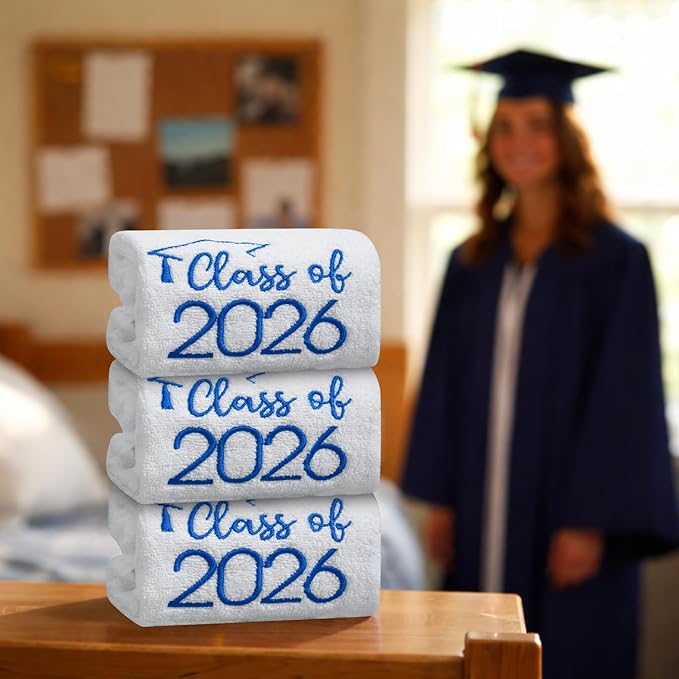 MASHAN Class of 2026 Graduation Hand Towels 3 Pack,100% Cotton Soft Absorbent Bathroom Towels,Senior 2026 Graduation Gift for Girls Boys,Blue Decorative Towels 14x30 Inch