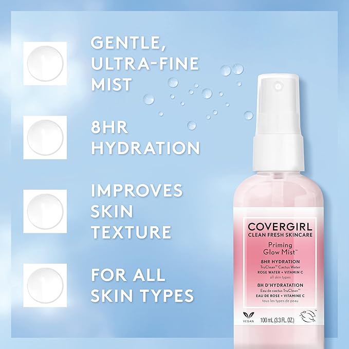 COVERGIRL Clean Fresh Skincare Priming Glow Facial Mist with Rose Water and Vitamin C, 3.3 Fl Oz (Pack of 2)