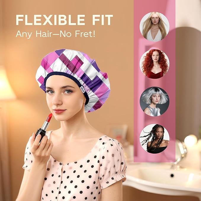 Years calm Waterproof Shower Cap for Women - Double-Layer Reusable Bath Cap with Elastic Band for Long/Short/Curly/Braids Hair, Washable & Travel-Friendly, Fit for Shower, Spa (Geometric Shower Cap)