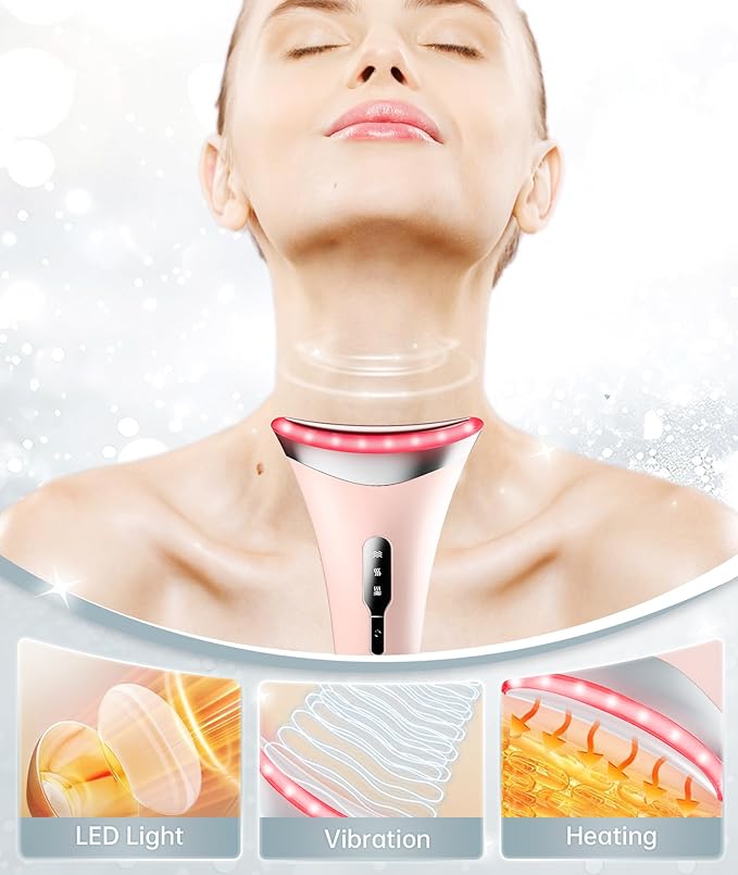 Dopsikn 7 Color Light Therapy Facial Massager with Adjustable Vibration and Thermals for Wrinkles, Double Chin, Red Light Skin Care Tool with Base, Pink