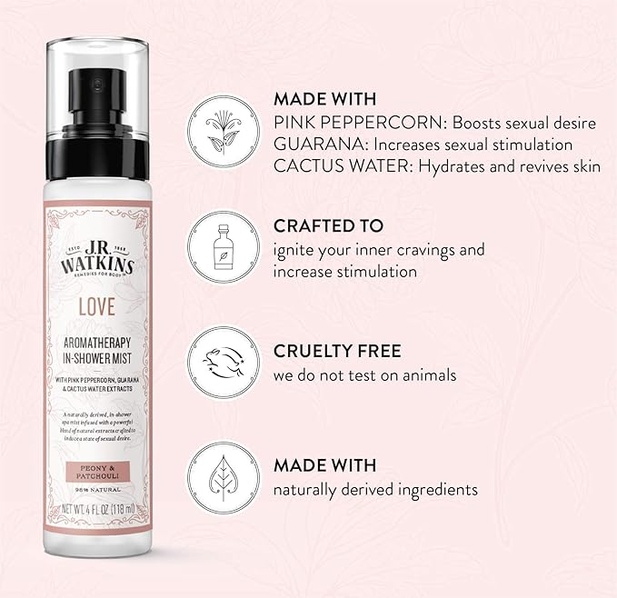 J.R. Watkins Love Aromatherapy in-Shower Mist, Natural Peony & Patchouli, 4 oz