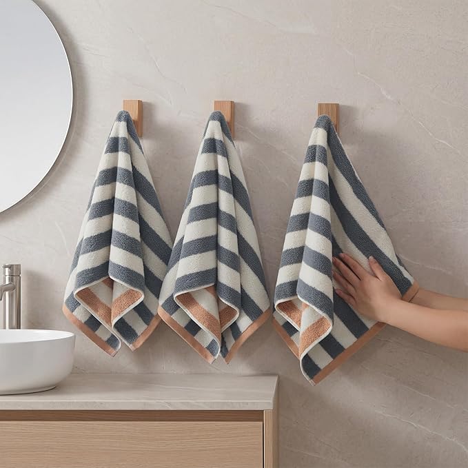 REDKISS 3-Pack Gray Hand Towels for Bathroom - 12 x 28 Inches 100% Cotton Towels, Ultra Soft and Highly Absorbent Striped Hand Towel for Bath, Gym, Hotel, Kitchen and Spa