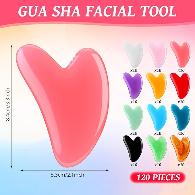 120 Pcs Gua Sha Facial Tools Bulk Resin Gua Sha Massage Tool Heart Shaped Guasha Stone Board for Woman Face Acupuncture, Jawline Sculpting, Puffiness Reducing, Skin Care Gift, 12 Colors