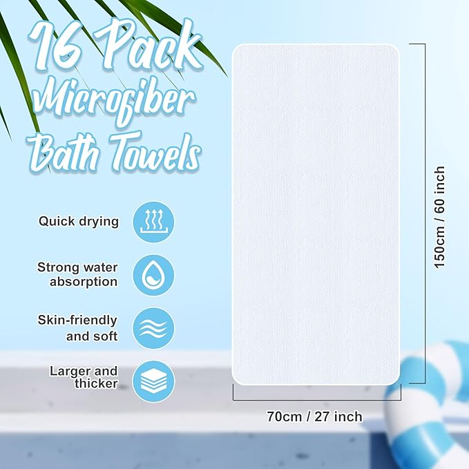 SmoothNovelty 16 Pack Microfiber Bath Towels Bulk 27'' x 60'' Oversized Size Bath Towel Highly Absorbent Extra Large Soft Drying for Beach Shower Summer Salon Sport Gym Party (Lattice,White)