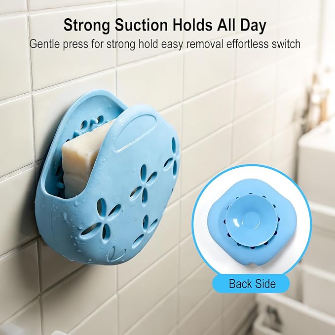 2 Pack Shower Steamer Holder Suction Cup, Silicone Bathroom Accessories with Adjustable Hanging Strap, Non-Slip Aromatherapy Diffuser Container, White & Blue