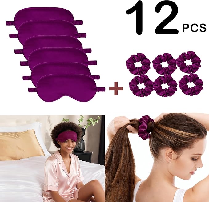 12Pcs Silk Sleep Masks Satin Eye Mask Silky Eyes Cover Blindfold Eyeshade Hair Ties Scrunchy Travel Bridesmaids Gifts