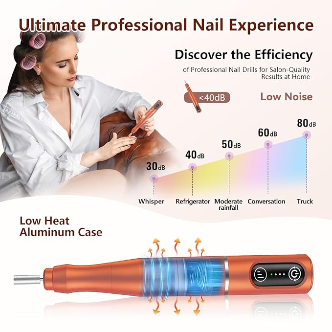 TUOBEO Cordless Nail Drill Electric Rechargeable File Kit, Professional Efile Acrylic Gel Nail Polish Remover Pedicure Manicure Machine Portable Set with 11 Bits 56 Sanding Bands for Salon Orange