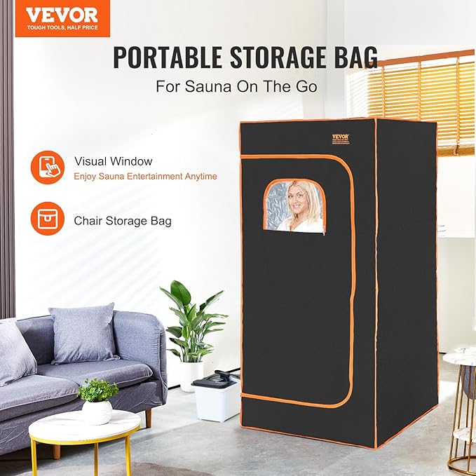 VEVOR Portable Steam Sauna Tent Full Size, 1600W with Visible Window, Personal Sauna Kit for Home Spa, Soothing Heated Body Therapy,Time&Temperature Remote Control with Chair,Black, 2.9’x 2.9’x 5.8’