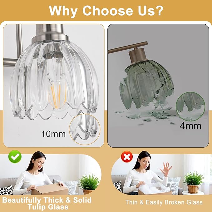 Bathroom Light Fixtures (3-Light, 20 Inch), Brushed Nickel Vanity Lights for Bathroom with Ribbed Clear Tulip Glass Shade, Vintage Vanity Wall Lights for Mirror Bedroom Living Room Hallway