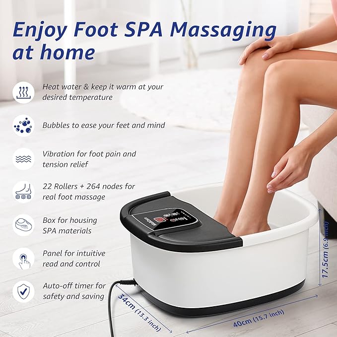 Mia&Coco Foot Bath Spa Soak Tub, Massager with Heat, Bubbles,Vibration,Auto & Manual Temperature Control & Pedicure Feet Spa, Warm Soothing Soak Relief with 22 Removable Rollers (Black&White)