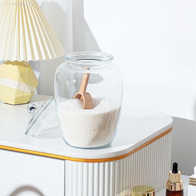 SiliFine 2 Sets 74 oz Bath Salt Container with Airtight Lid and Scoop Big Glass Jar with Wooden Scoop for Bath Flour Salt Candy Tea(Clear)