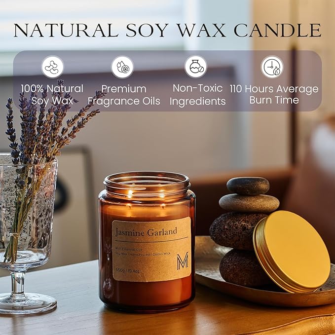M&SENSE Jasmine Garland Scented Christmas Candle Gift | 19.4oz, 115-Hour Burn | Natural Organic Soy Wax | Long-Lasting for Stress Relief and Gifting | for Christmas, Thanksgiving, Holiday