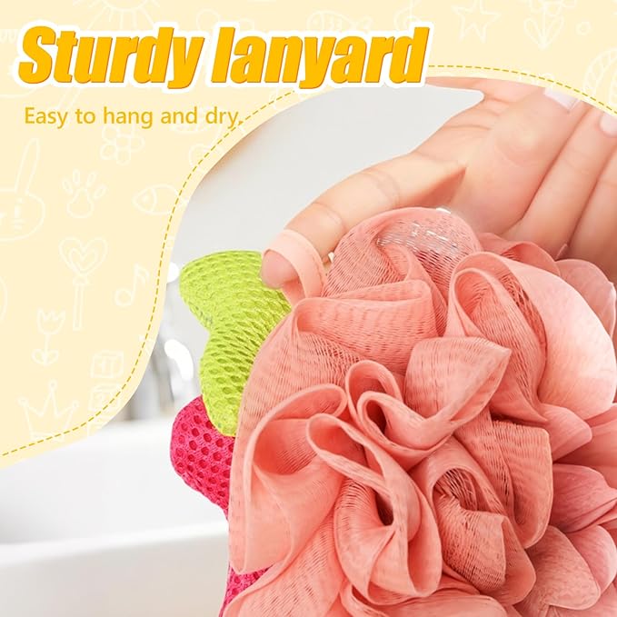 Kids Loofah, Cute Cartoon Animal Kids Bath Sponge with Hanging Rope, Soft Double Mesh for Rich Lather (Money Flower)