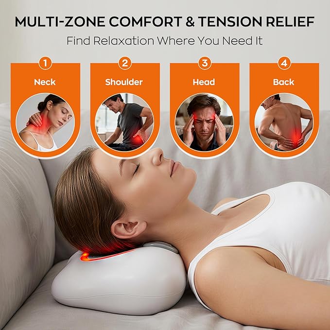 4-in-1 Shiatsu Neck & Back Massager with Heat, Vibration, EMS & Airbag Traction, Portable Cordless Electric Massage Pillow Ergonomic Design for Deep Tissue Pain Relief Muscle Relax