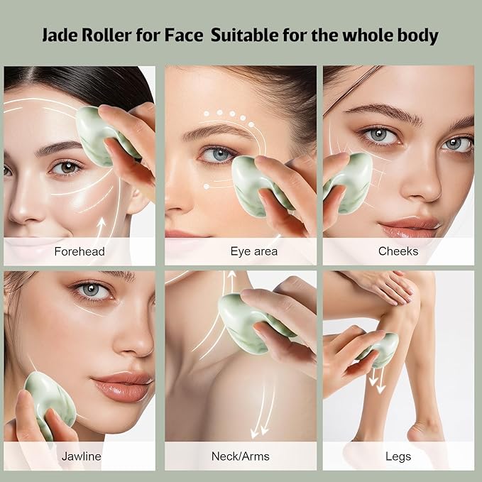 Jade Roller for Face, Gua Sha Facial Tool, Ice Eye Massager for Puffy Eyes & Dark Circles, Cold Skin Care Face Roller, Lymphatic Drainage Stone Massager, Neck Chin Jaw Line Lifting (Green)