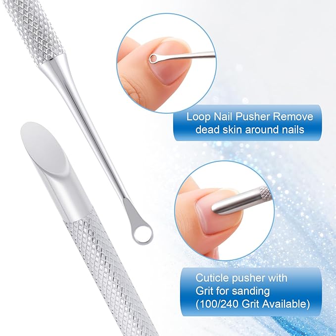 PAGOW Dual Ended Cuticle Pusher Tool Set, Stainless Steel Nail Cuticle Pusher with 100#/240# Grit Sandpaper Sheets, Pre-treatment Cuticle Scraper Manicure Tools for Nail Art, Nail Care - 1pcs