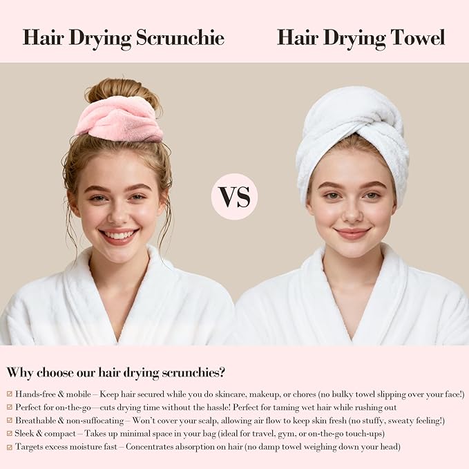 Wecoe Hair Towel Scrunchies 2pcs Soft Absorbent Large Microfiber Hair Drying Scrunchies Thick Fuzzy Scrunchy Ponytail Holder Gifts for Women(Black & Pink)