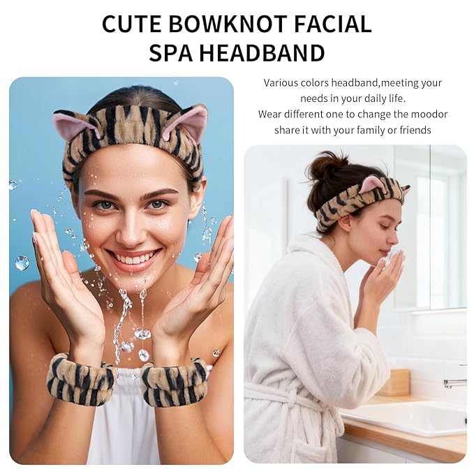 PERFECTSIGHT 2 Pack Cute Animal Headbands for Makeup Wash Shower Adjustable Elastic Hair Band for Girls and Women (Black Cat Ear)