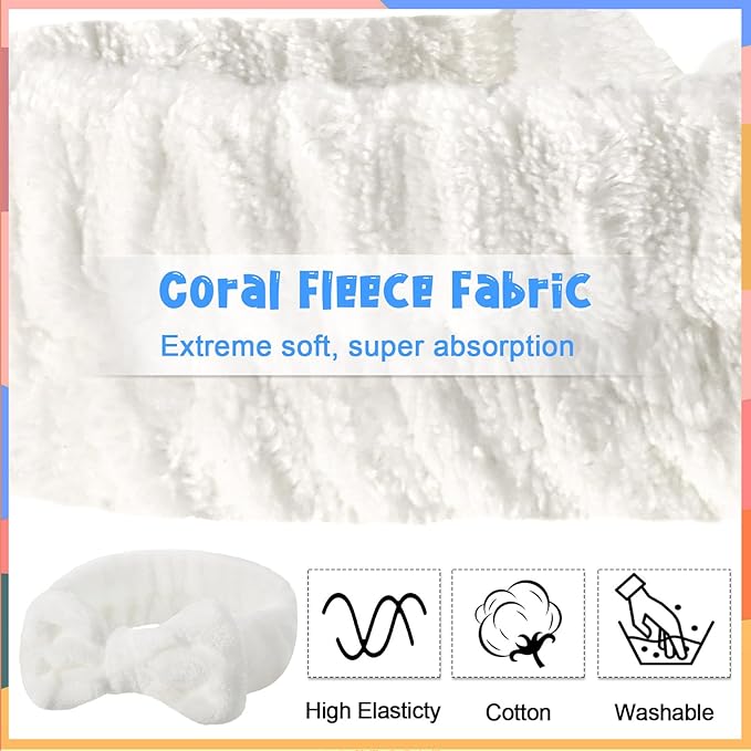 Tigeen 52 Pieces Spa Headband for Washing Face Bulk Soft Coral Fleece Skincare Headband, Bow Makeup Cosmetic Hairband Fluffy Shower Spa Essentials for Girls Women Slumber Supplies(White,Solid Series)