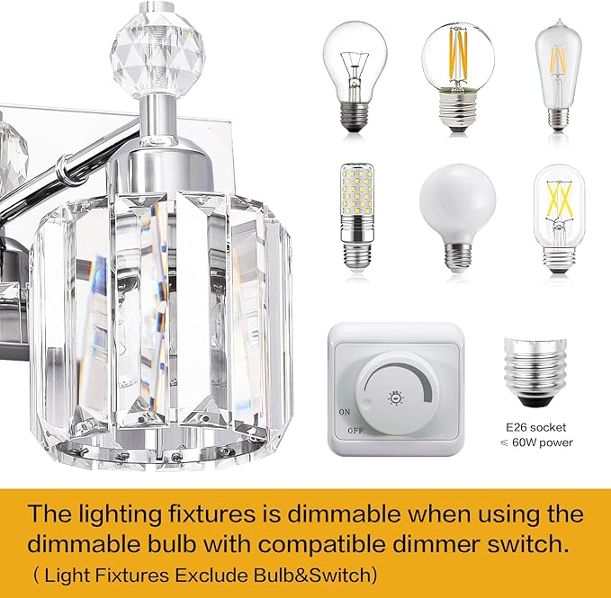 PRESDE Modern Crystal Chrome 2 Light Bathroom Vanity Light for Bathroom Lighting Fixtures Over Mirror Wall Sconce