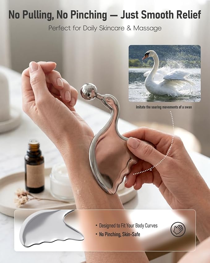 Stainless Steel Gua Sha with Eye Roller, 2026 Updated 2 in 1 Swan Shaped Face Guasha Massage Tool, Cooling Metal Facial Massager Scraper for Jawline Sculpting, Cheeks & Chin, Gift for Women & Moms