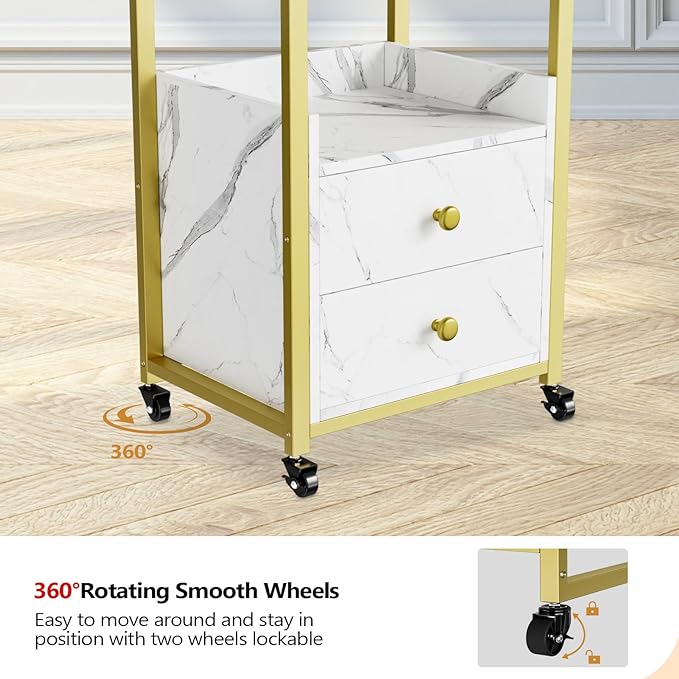 OmySalon Salon Trolley Cart with Wheels, Esthetician Cart with 3 Drawers & 2 Trays, Mobile Storage Organizer for Beauty Spa Massage Tattoo Esthetic Facial Tool Holder Station, White Marble