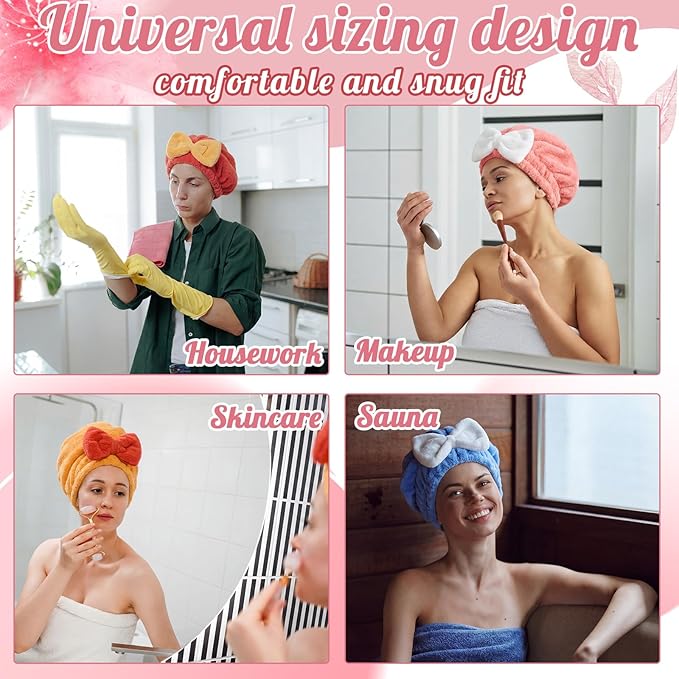 18 Pcs Hair Drying Caps with Cute Bow Fast Drying Soft and Absorbent Wet Hair Towel Wrap Turban Wraps for Girls and Women
