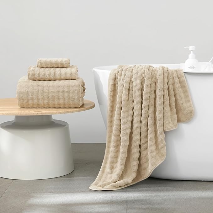 KBY Bath Towels Set 6 Piece 40x80 Inches，2 Extra Large Bath Sheets 2 Hand Towels 2 Washcloths，Highly Absorbent Quick Dry Microfiber,Ultra Soft Towel Set for Bathroom，Spa，Gym， Hotel (Beige)