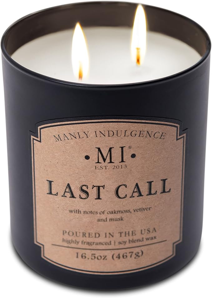 Manly Indulgence Last Call Scented Candles for Men, 2 Wick, 16.5 oz, Premium Soy Blend Wax, 60H Burn, Candles for Home Scented - Made in The USA