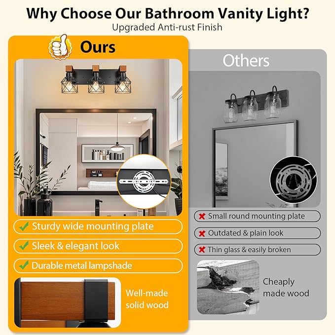 3-Light Farmhouse Vanity Lights for Bathroom, Rustic Wood Bathroom Vanity Lighting Fixtures Over Mirror, Vintage Black Wall Mounted Lamps with Metal Cage for Living Room, Bedroom, Hallway